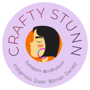 a purple circle logo with a drawing of an indigenous womans side profile wearing hoop earrings with the words: crafty stunn instagram @craftystunn Indigenous queer woman owned